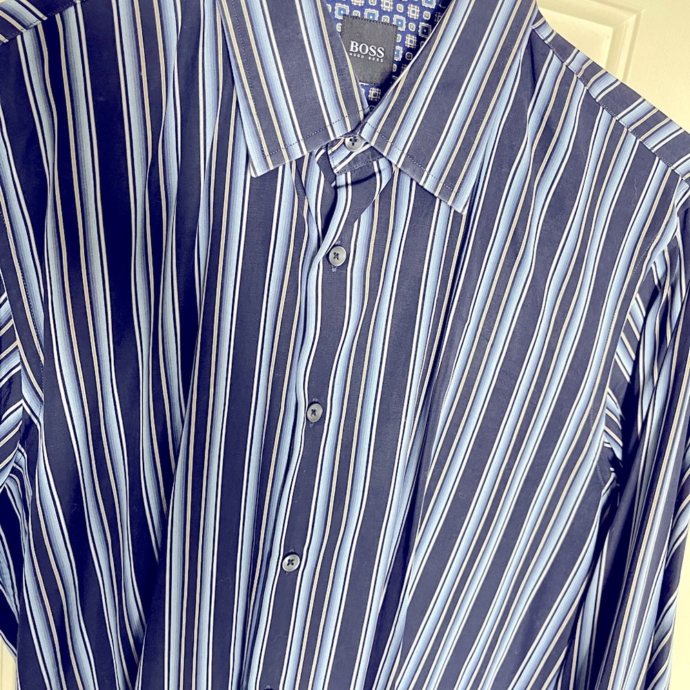 BOSS long sleeve striped dress shirt.